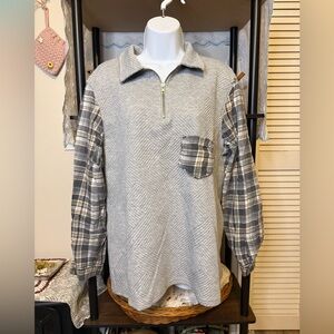 Upcycled Half-Zip Pullover Gray Textured Sweatshirt with Plaid Sleeves